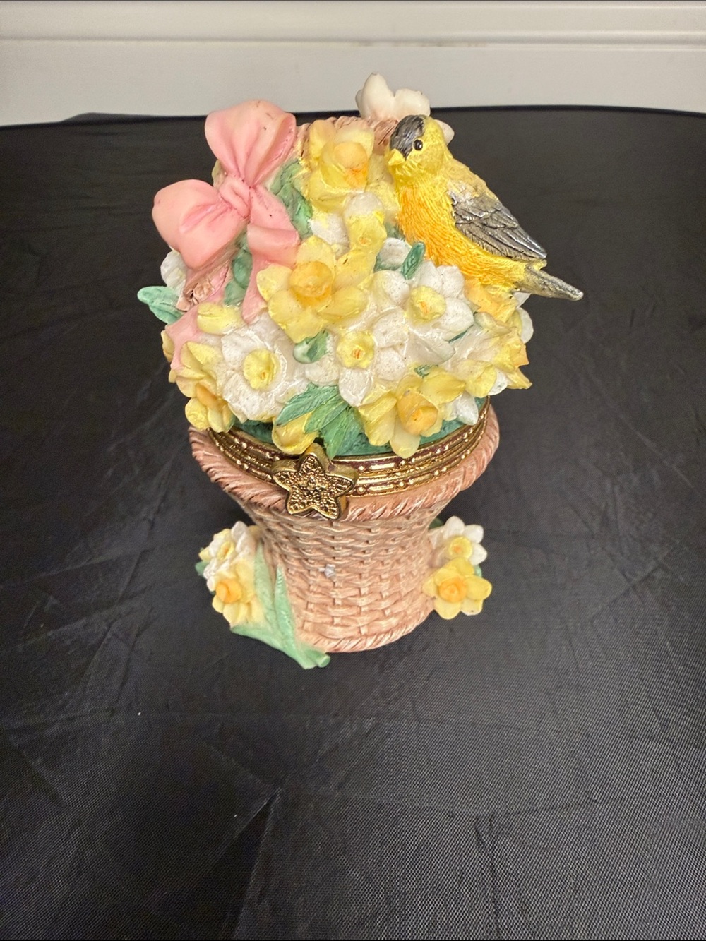 Decorative Flower Basket Trinket Box with Yellow Bird Detail